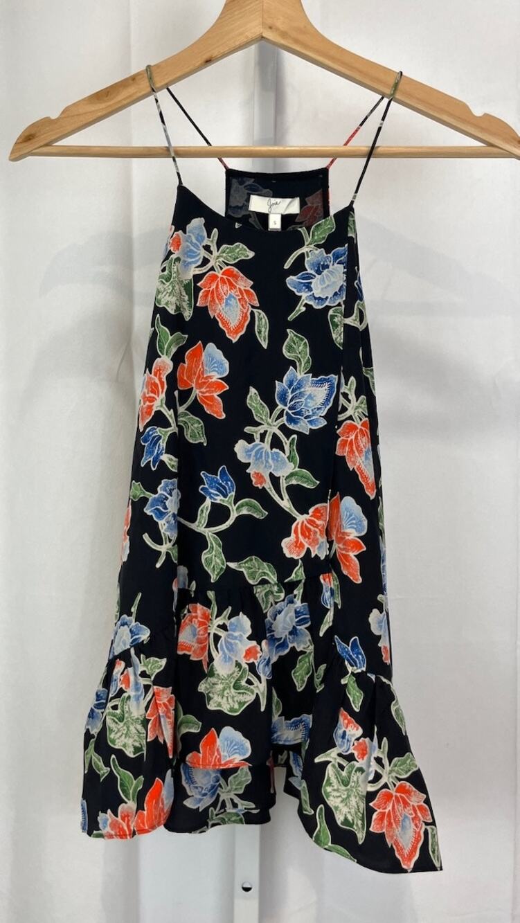 JOIE Size S Silk Floral Derwin Ruffle Top Sleeveless Tank Black Multicolor